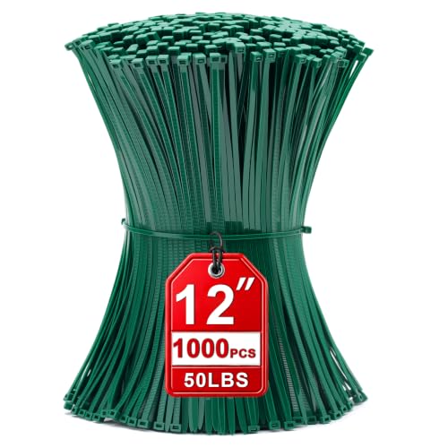 Zip Ties 12 inch, 1000 Pack Green Zip Ties,Green Cable Ties Self-Locking Nylon Cable Ties with 50 lb Tensile Strength,Wire Ties for indoor and outdoor use. - color: Green, size: 12"(1000 Pack) 50 Lb