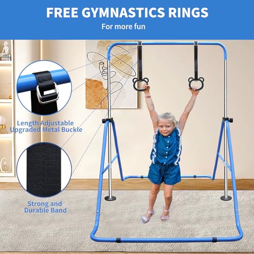 Gymnastics Bars for Kids with Rings, Junior Kip Training Bars Equipment for Home, Folding Height Adjustable Horizontal Bars - color: Blue
