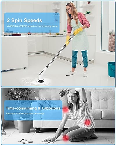 Leebein Electric Spin Scrubber, Cordless Cleaning Brush with 8 Replaceable Brush Heads, Tub and Floor Tile 360 Power Scrubber Dual Speed with Adjustable & Detachable Handle for Bathroom Kitchen Car - color: White