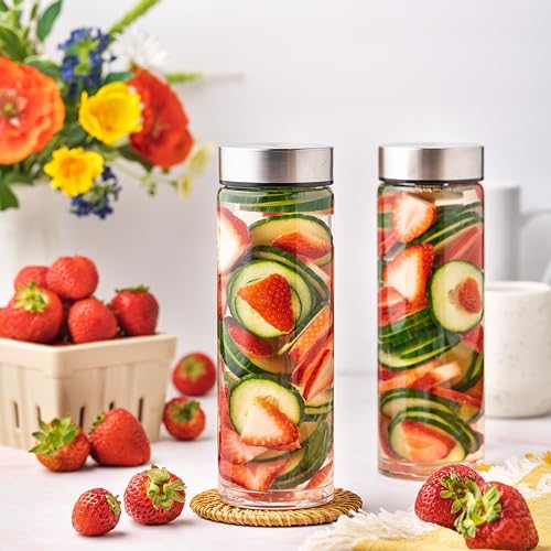 Juice Bottles - 4 Pack Wide Mouth Glass Bottles with Lids - for Juicing, Smoothies, Beverage Storage - 16oz Glass Water Bottles, BPA Free, Stainless Steel Lids, Leakproof, Reusable, Borosilicate - size: 16 Ounces