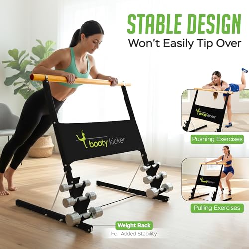 Portable Folding Exercise Bar for Barre, Balance and Ballet Home Workouts | Authentic Booty Kicker, Strong Freestanding Stable Design, Solid Steel and Wood Workout Equipment - color: Black