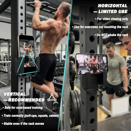 J Bryant Rack Mounted Phone Holder for 2x2 / 3x3 Power Rack & Squat Rack (Sold Separately) Fixed Side Slots & Hook Mount Phone Stand Compatible with 5/8–1 inch Rack Holes