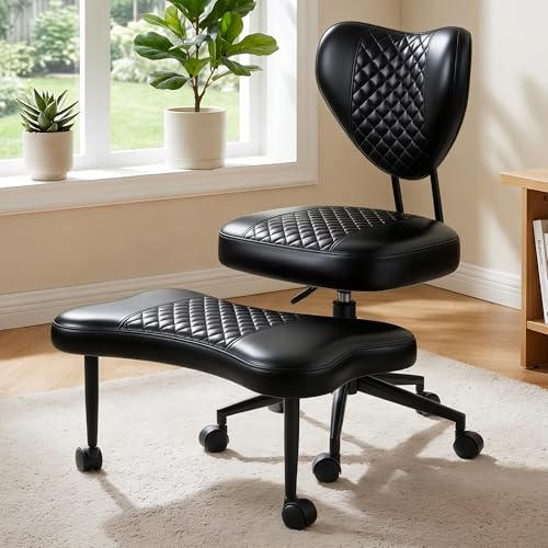 Cross Legged Office Chair with Wheels, 360 Swivel Height-Adjustable Meditation Chair with Lumbar Support, PU Leather, Black - color: Black, size: Heart Back with Rectangular Cushion