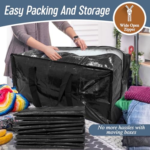 6 Pack Extra Heavy Duty Large Moving Bags with Strong Zipper & Comfortable Handles, Sturdy & Durable Clothes Storage Bags Totes Bins, Packing Moving Boxes for College Supplies, Black - color: Black, size: 6 Pack