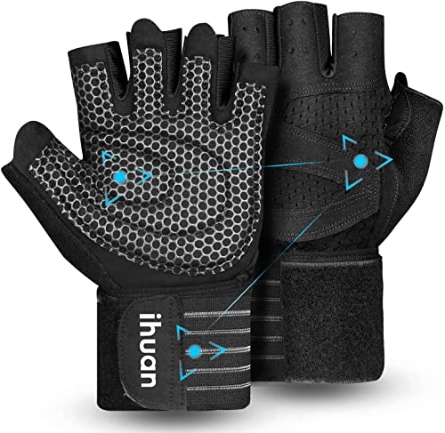 ihuan Ventilated Weight Lifting Gym Workout Gloves with Wrist Wrap Support for Men & Women, Full Palm Protection, for Weightlifting, Training, Fitness, Hanging, Pull ups - color: Black, size: X-Small