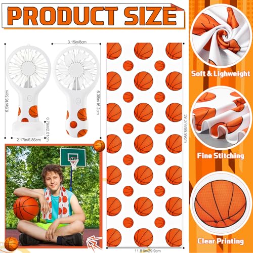Woanger 24 Pcs Basketball Cooling Towels and Fans Sets Mini Handheld Fans Bulk 3 Speeds USB Lash Towel for Sporting Basketball Gifts for Team Games Party Favor - style: Basketball