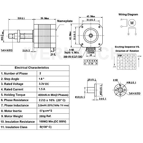 Iverntech NEMA 17 Stepper Motor with Integrated 210mm T8 Lead Screw for RepRap Prusa i3 3D Printers Z Axis or CNC Machine - size: 210-Tr8X8