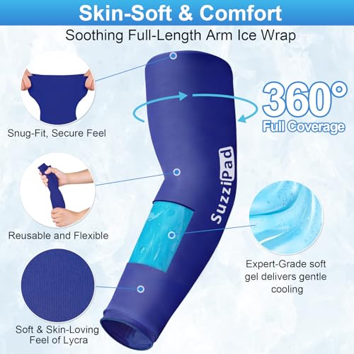 Suzzipad Extended-Length Elbow Ice Pack for Pitchers, Flexible Arm ice Pack Sleeve, 360° Reusable Gel Wrap for Upper Arm, Wrist, Shin Splint, Tendonitis and Golfers Relief, Blue, Large - style: Large