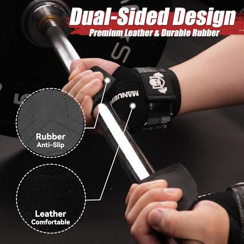 MANUEKLEAR Gym Straps Weight Lifting, Double Leather Lifting Straps for Men Deadlift with Cushion Wrist Loop, Gym Lifting Wrist Wraps for Weightlifting - color: Size S - Black