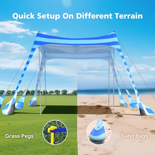 2PM SPORTS Beach Tent Sun Shelter 10x10 FT - UPF 50+ UV Protection, 8 Sandbags, Easy Setup, Portable Beach Shade Canopy for Family Picnic Camping Travel - color: Striped blue
