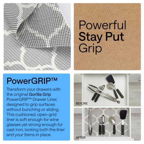 GORILLA GRIP powerGRIP Drawer Shelf and Cabinet Liner, Thick Strong Hold, Non-Adhesive Liners Protect Kitchen Cabinets and Cupboard, Bathroom Drawers, Easy Install, Breathable Mat, 12" x10' Quatrefoil - color: Quatrefoil: Gray/White, size: 12" X 10', styl