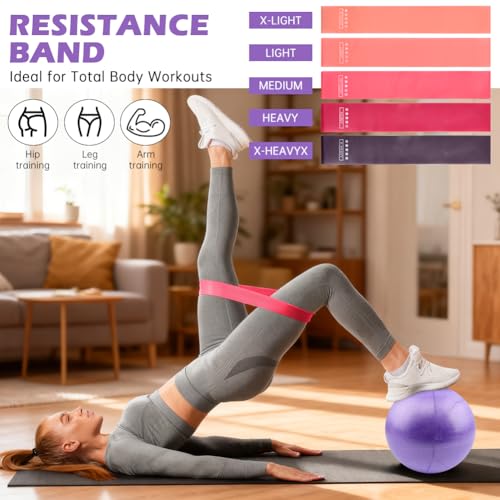 Pilates Essentials Kit for Women, 14 Pcs Home Workout Equipment with Pilates Circle Ball Ring Set Resistance Bands and Anti Slip Sock, Yoga Pilate Essentials Accessories - color: Purple