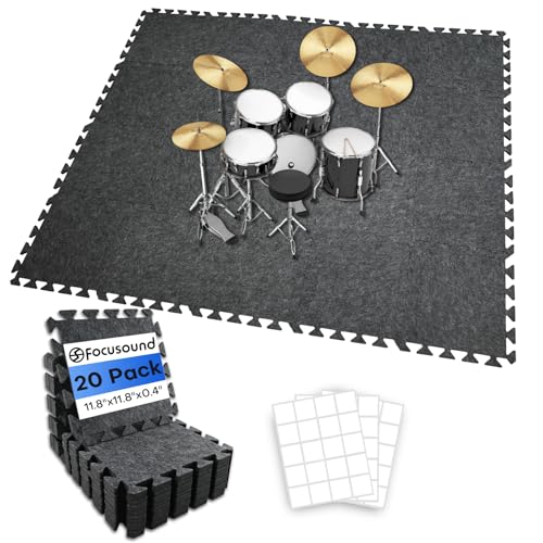 Focusound 20Pcs Sound Absorbing Interlocking Drum Rug, 11.8 x 11.8 x 0.4 inches High Density Soundproof Floor Mats, Non-Slip Anti Vibration Piano Carpet Drum Mat for Music Studio, Grey - color: Gray