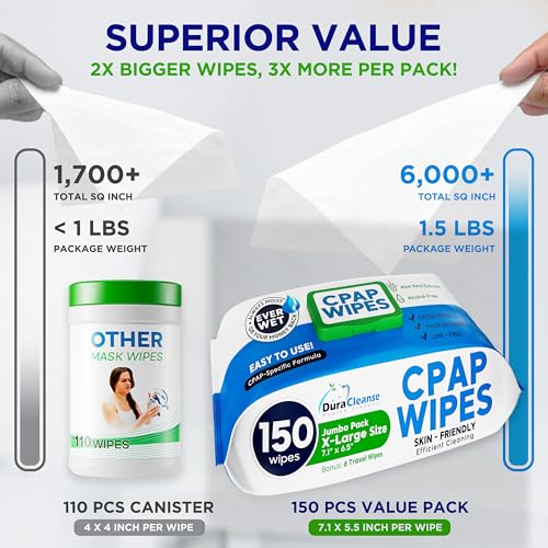 CPAP Mask Wipes - 300 Count Jumbo Pack + 12 Travel Sheets - Dura Cleanse Extra Large, Extra Moist Cleaning Wipes for Full Face, Nasal Masks Unscented Cleaner for CPAP Machine Supplies and Accessories - size: 150 Count (Pack of 2)