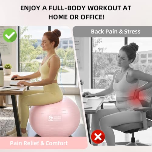 Gruper Exercise Ball, Extra Thick Yoga Ball for Working Out, Yoga & Pregnancy, 4 Sizes Anti-Burst Balance Ball with Foot Pump for Pilates, Physical Therapy & Fitness - color: pink, size: S(18IN/45cm)