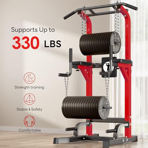 SogesPower 87in Power Tower Pull Up Bar Station Pull Up Dip Station for Home Gym, 10-Level Adjustable Height Pull Up Bar Stand Dip Bar Strength Training Workout Equipment - color: Red