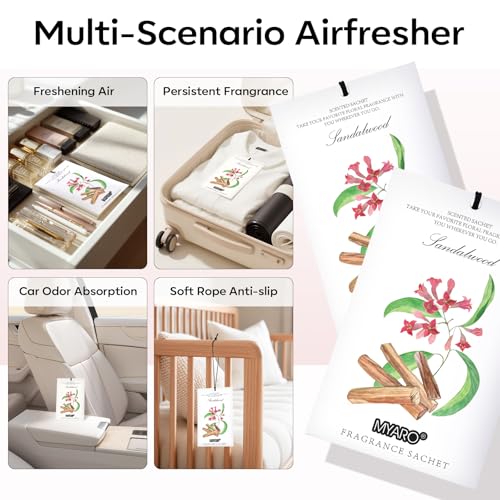 MYARO 12 Pack Sandalwood Scented Sachets for Drawer, Closet & Small Spaces Air Freshener Bags, Odor Eliminator for Clothes, Car, Wardrobe, Home Fragrance Gift Set - color: Sandalwood