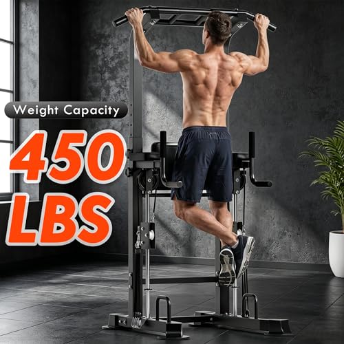 SogesPower Power Tower Dip Station Pull Up Bar for Home Gym Multi-Function Adjustable Height Strength Training Workout Equipment - color: Black