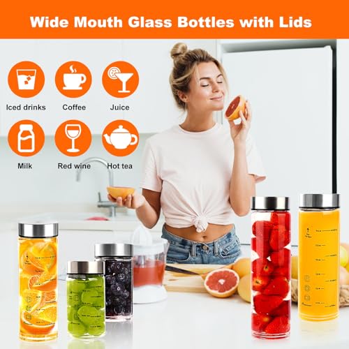 Glass Juice Bottles 4 Pack 16 oz - Wide Mouth Glass Water Bottles with Lids - for Juicing, Protein, Smoothie, Milk, Reusable, BPA Free, Stainless Steel Lids, Blender, Shaker Bottle [500ml] - color: 4-Pack (oz), size: 16oz/500ml