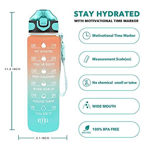 Enerbone 32 oz Water Bottle with Times to Drink and Straw, Motivational Drinking Water Bottles with Carrying Strap, Leakproof BPA & Toxic Free, Ensure You Drink Enough Water for Fitness Gym Outdoor - color: Orange-Green