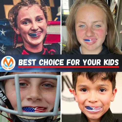 Oral Mart Youth Sports Mouth Guard for Kids (USA Flag, Fangs, 20+ Colors to Choose from) Mouthguard for Football, MMA, Karate, Boxing, Rugby, BJJ, Flag Football – /w Case (Youth, Strapless) - color: American Flag