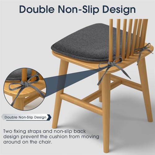 TushGuard Chair Cushions, 4 Pack Memory Foam Chair Pads, Thin Seat Cushion, Kitchen Chair Cushions Set of 4, Anti-Slip Backing & Fixed Straps, 1.4 in Thick, Grey - color: Grey