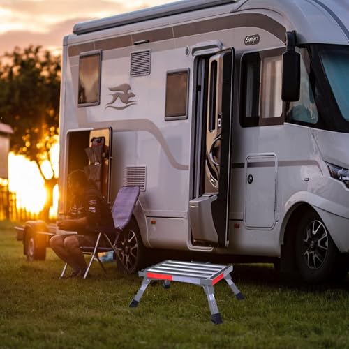Homeon Wheels RV Step Stool, Adjustable Height Aluminum Folding Platform Step Ladder with Non-Slip Rubber Feet, Heavy Duty RV Steps for Trailer, Truck, Outdoor Use - color: Gray