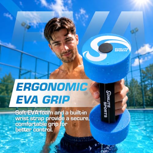 Sunlite Sports Water Weights Pool Exercise Dumbbells, Water Aerobic Equipment, High-Density EVA-Foam Dumbbell with Handle Strip, Aqua Therapy, Pool Fitness, Water Exercise, Set of 2 - color: Blue Performance, size: Large