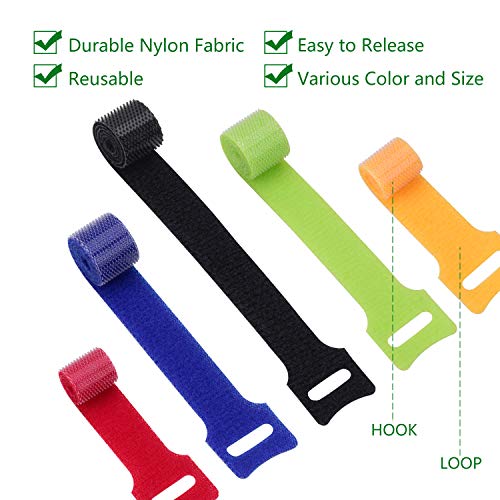 OneLeaf 60 Pcs Reusable Fastening Cable Ties with Hook and Loop, Multi-Purpose Cable Straps Wire Ties Cable Management, Adjustable Cord organizer Ties for Computer/TV/Electronics, 3 Sizes and 5 Colors - size: 4in+6in+8in-60pcs