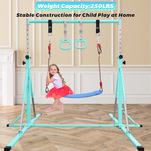 FC FUNCHEER Foldable Gymnastics Bar,5FT Horizontal bar,Adjustable Kids Training bar for Kids Ages 3-15,Kids Gymnastics bar,Triangle Stable Structure-Gym Equipment for Home - color: Teal, style: Bar-Swing-Rings