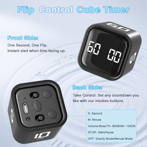 Cube Pomodoro Timer, Desk Productivity Timer 5/10/30/60 Minutes & Custom Countdown, Adjustable & Silent Visual Timer, ADHD Tool Flip Rotating Portable Multi Timers for Study Task Work Kitchen School - color: Black