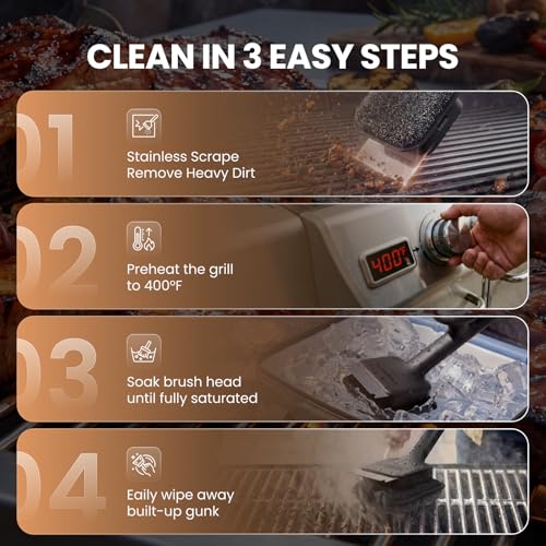 ThermoMaven Bristle-Free BBQ Grill Brush - No Wire Risk Steam Cleaner Removes Burnt Grease Fast - 17" Cool-Touch Handle, Scraper & 3 Replaceable Heads for Gas, Charcoal & Cast Iron - size: Black 3pcs-Small