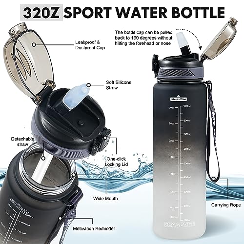Sports Water Bottle with Straw,32 OZ Water Bottles with Time Marker for Boys and Girls,Simple Modern Water Bottle Plastic Leakproof Bpa Free,Waterbottle for Adults,School,Gym,Outdoor - color: Black White