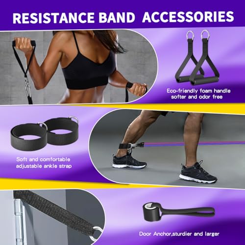 WHATAFIT Resistance Bands, Exercise Bands with Handles, Workout Bands for Working Out, Fitness Bands Set for Home Gym Full Body Strength Training, Muscle Tone, Yoga & Stretching - color: 10-100LB-Purple