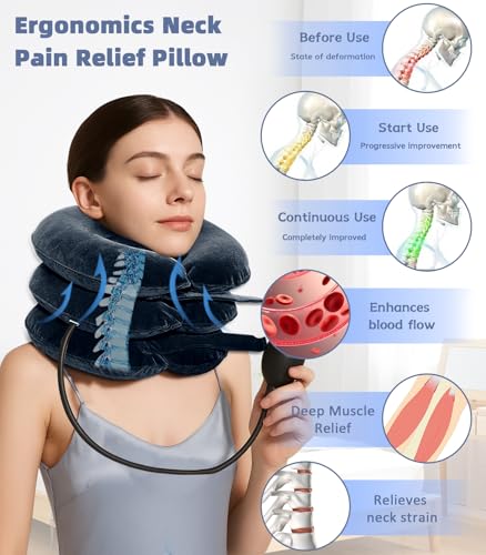 Adjustable Inflatable Cervical Traction Device, Soft Neck Stretcher Support Pillow with Sleep Eye Mask