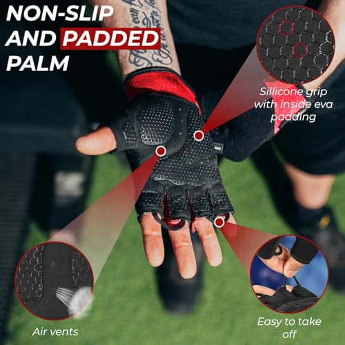 BEAST RAGE Workout Gloves for Men, Durable Palm Grip Gym Gloves Women Half Finger Elasticated Training Weight Lifting Strength Bodybuilding Anti Slip Cycling Gloves Exercise - color: Red, size: X-Large