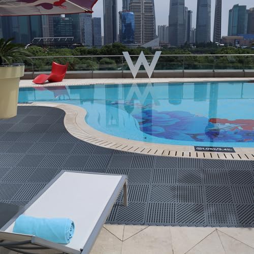 18 Pack Interlocking Drainage Tiles Double Non-Slip Tiles Mat with Drain Holes for Pool, Bathroom, Shower, Pantry, Patio, Boat, Pet Area, 12"×12" Dark Gray - color: Dark Gray, size: 18 Pack (12"L x 12"W x 0.4"Th)