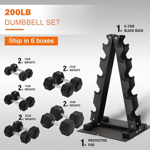 Fitvids Rubber Coated Hex Dumbbell Set with Storage Rack, 100/150/200/550 LB Hand Weight Set with Anti-Slip Grip for Home Gym - size: 200LBS Set