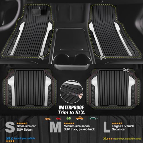 CAR PASS Heavy Duty Rubber Car Mats Metallic, Aluminum Film All Weather Floor Mats Waterproof Universal Trim to Fit for SUV Sedan Van 4 Piece Deep Dish Two-Tone Sporty Black Silver Chrome - color: Black and Silver