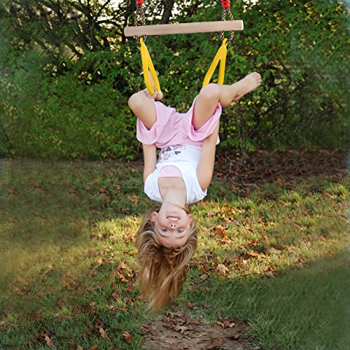 PELLOR Playground Children's Wooden Trapeze Swing Bar with Plastic Gym Rings Swing Set for Indoor & Outdoor Fun - color: Yellow