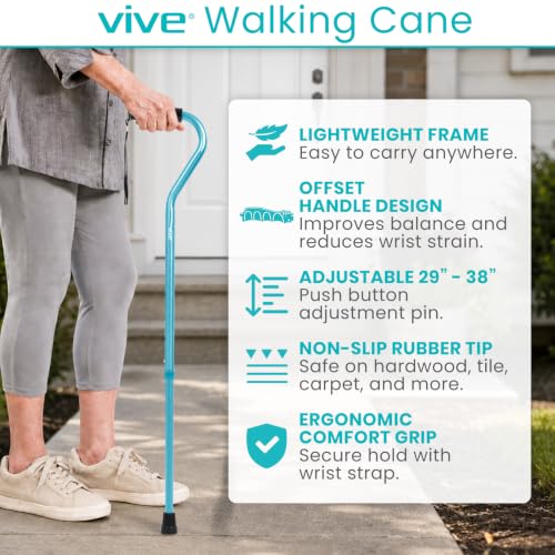 Vive Walking Cane for Women, Men, Elderly - Patented Offset Grip - Lightweight Adjustable Walking Aid with a Non-Slip Tip - Sturdy Balancing Mobility Aid for Seniors - color: Teal