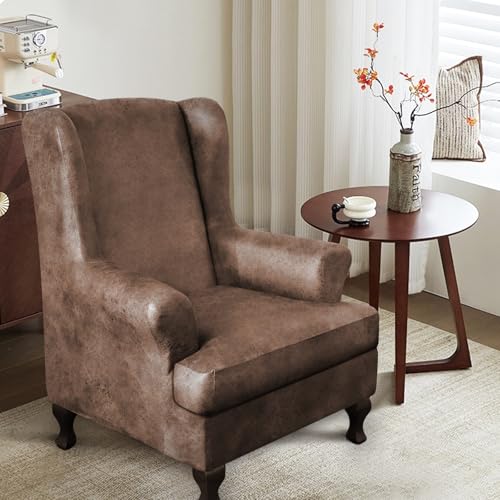 ANARACHON Leather Look Wingback Chair Covers, 2-Piece Wing Chair slipcover,Stretch Wing Back Armchair Slipcovers with Elastic Bottom, Soft Spandex Furniture Protector for Living Room (Light Brown #2) - color: Light Brown #2