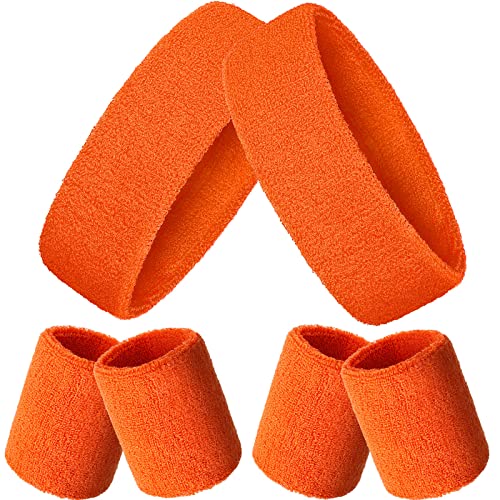 Bememo 6 Pcs Neon Sports Sweatbands Set Sports Competitions Sweatbands 2 Headband 4 Wristbands Breathable Terry Cloth Athletic Bands for Team Soccer Spirit 80s Costumes Cosplay - color: Neon Orange