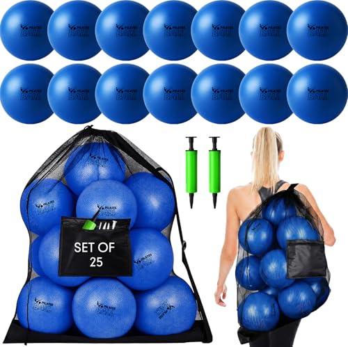 Set of 25 Pilates Balls Bulk 9 Inch Small Exercise Ball for Yoga, Stability, Physical Therapy, Balance, Barre, ABS Core, Gym, Training, with Mesh Bag and Pump - color: Blue