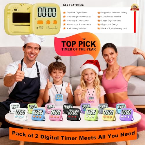 Antonki 2 Pack Digital Timer for Kids, Magnetic Countdown Kitchen Timers for Cooking, Egg, Classroom, Teacher, Exercise, Study, Oven - Battery Included - color: Yellow