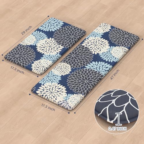 Anti Fatigue Kitchen Mats 2PCS,Boho Dahlia Kitchen Rugs Non Slip Rubber Backing,Farmhouse Waterproof Kitchen Mat for Floor,Cushioned Standing Mat for Kitchen,Sink,Desk,Mutil-Blue - color: Multi-blue, size: 17.3" x 47 "+ 17.3" x 29 "--0.47 inches
