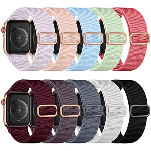 Maledan 10Pack Stretchy Nylon Solo Loop Compatible with Apple Watch Bands 38mm 40mm 41mm 42mm Women Men,Soft Adjustable Braided Elastic Wristband for iWatch Ultra 2 Series 11/10/9/8/7/6/5/4/3/2/1/SE - color: Black/White/Smoke Violet/Blue Gray/Wine/Light P