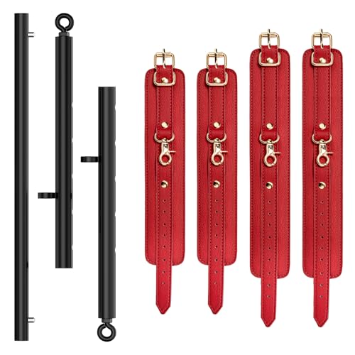 3 in 1 Heavy Duty Stainless Steel Expandable Spreader Bar with 4pcs PU Rose-Gold Adjustable Straps,Workout Bar for Home Gym Training Bar,Portable Detachable Pilates Kit - style: Black+Red PU Kit