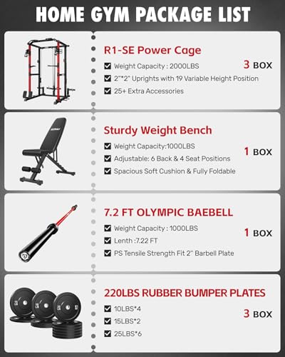 RH01 Power Cage Rack, 2000LBS Squat Rack with with Cable Crossover System&LAT Pull Down System, Multi-Function Workout Cage for Home&Garage Gym - color: Red-SE, size: RH01 Power Cage with 220LB Weights
