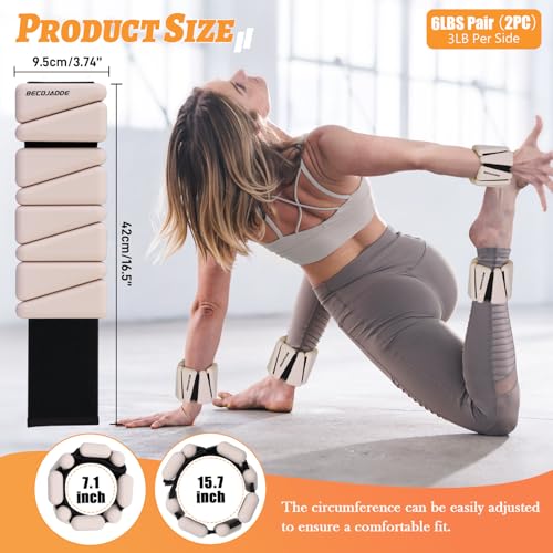 BECOJADDE Ankle Weights Set of 2 (1 lb/2 lb/3 lb Each) Adjustable Wrist Weights for Women Men Wearable Arm Leg Weight for Pilates, Running, Walking, Workout, Yoga - color: Beige, size: 6 Lb Pair (3 Lb Each)
